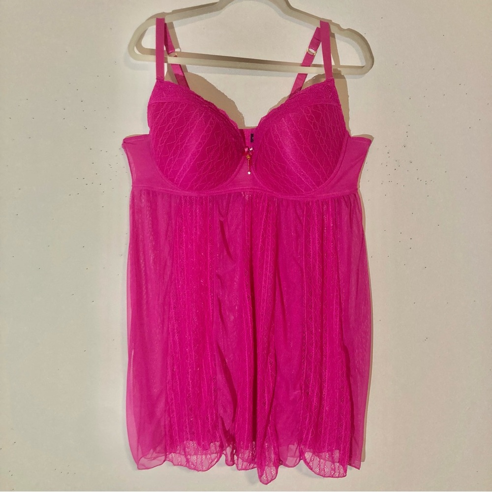 Daisy Fuentes Hot Pink/Fuchsia Underwire Sheer Lace Babydoll Chemise, Sz 2X